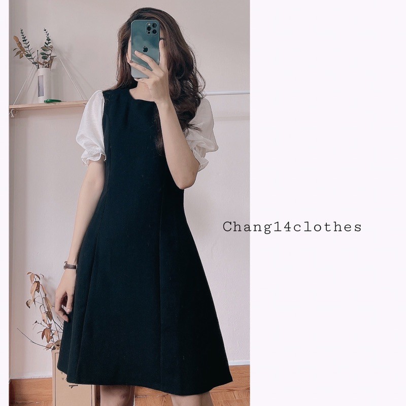 Váy cổ tròn tay bồng dáng basic