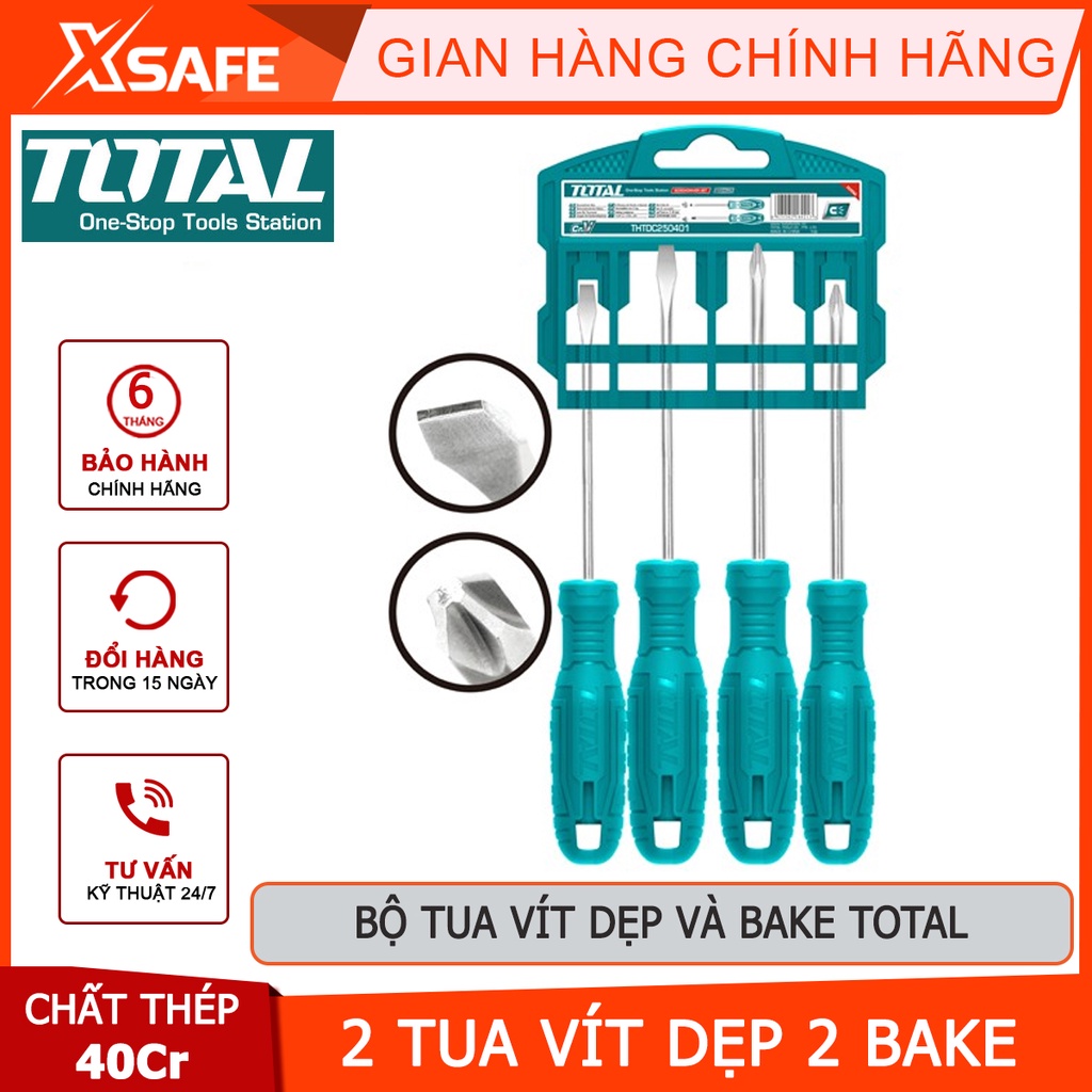 Bộ tuốc nơ vít dẹp và bake 4 chi tiết TOTAL THTDC250401 | Bộ 4 tua vít gồm 2 tuốc nơ vít dẹp SL5X100mm, SL6X150mm