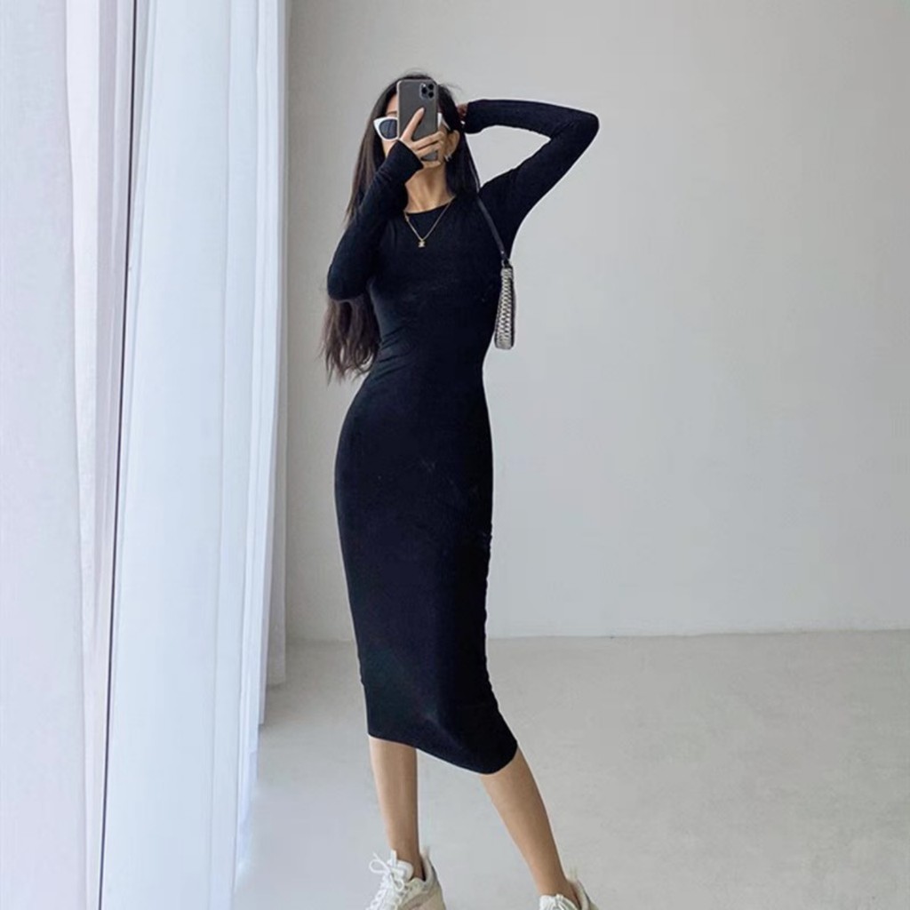 Đầm Body Thun Tay Dài Năng Động Cúc Bấm Dáng Dài Qua Gối Form ôm Không Xẻ tà Màu Đen Freesize | BigBuy360 - bigbuy360.vn