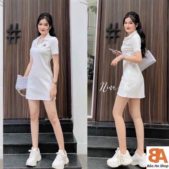 Đầm cổ bẻ thêu gấu