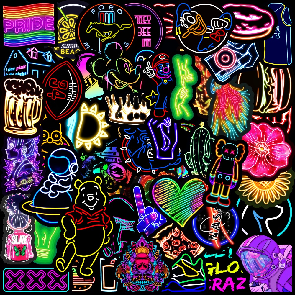 50 sticker cute chống nước dán mũ nón bảo hiểm NHIỀU MẪU NEON ĐẸP 50 hình dán graffiti máy tính xách tay, Vali
