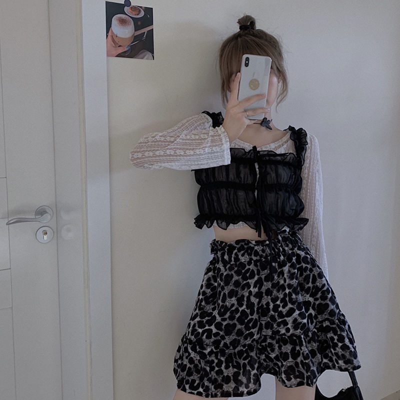 Jiashucheng Bộ Áo Ren Dài Tay + Chân Váy In Họa Tiết Da Báo Phong Cách Mới Cho Nữ