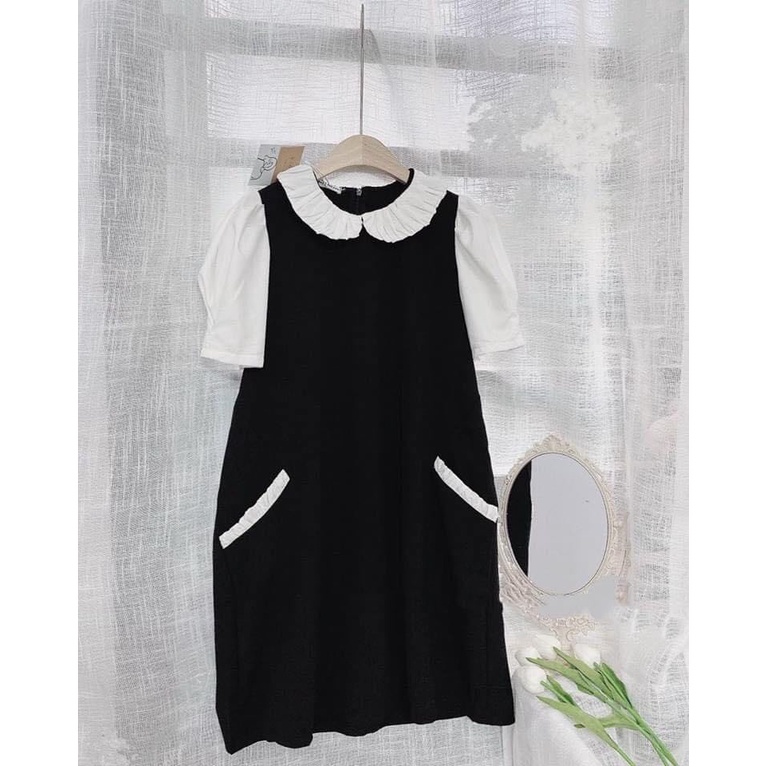 Váy bầu bigsize - Đầm bầu thiết kế GuMe màu Đen Tay Bo Cổ Trắng Bèo Dáng Suông size 40-100kg  MB210 - ảnh thật