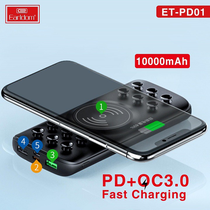 SẠC DỰ PHÒNG KÈM SẠC KHÔNG DÂY 10.000 MAH EARLDOM PD-01 - công nghệ sạc không dây 15w -  thiết kế đặc biệt