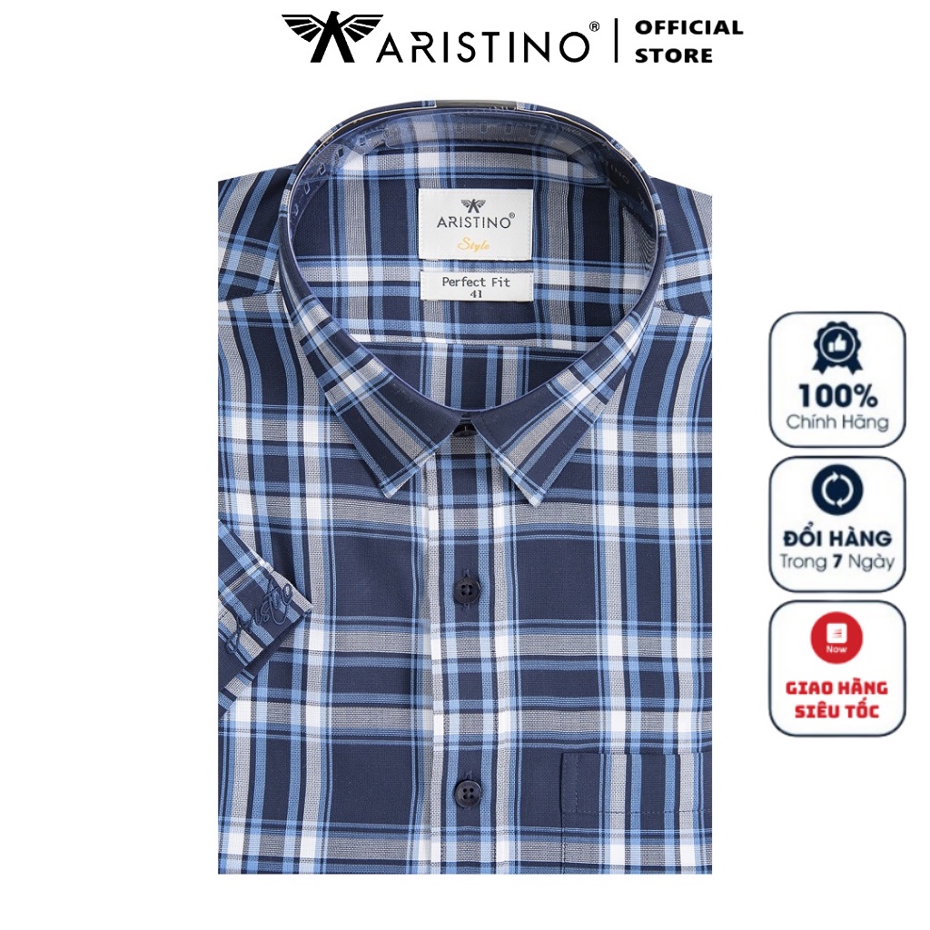 Áo Sơ Mi Nam Ngắn Tay ARISTINO ASS207S1 Somi Công Sở Cao Cấp Màu Xanh Tím Than Kẻ Vải Sợi Tre Dáng Suông Tà Bằng Có Túi