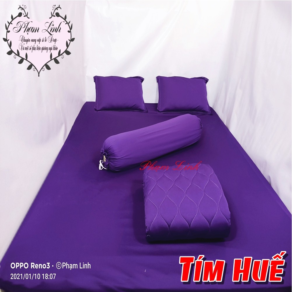 [Bộ 5 món] Bộ Drap-Ga trải giường và mền chăn chần bông thun lạnh sợi siu (silk) màu trơn [Xanh Bích, Đỏ đô, Tím]