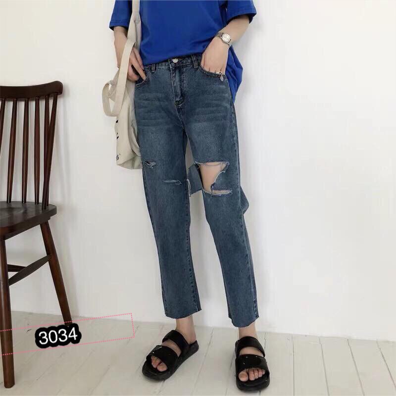 QUẦN BAGGY JEANS NỮ RÁCH GỐI OHS3034