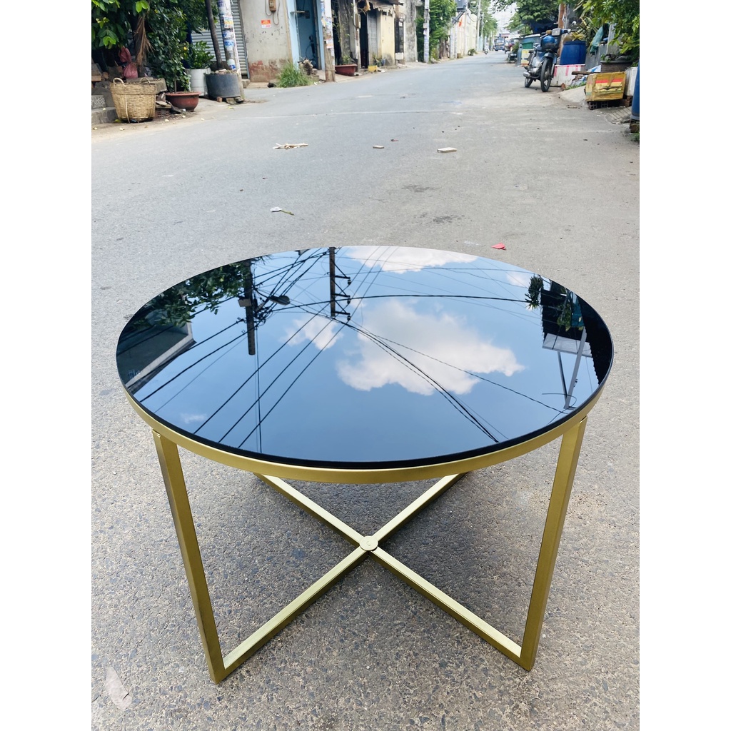 Bàn trà, bàn sofa mẫu ngọc rồng mặt kính đen chân sơn vàng nhũ cực đẹp
