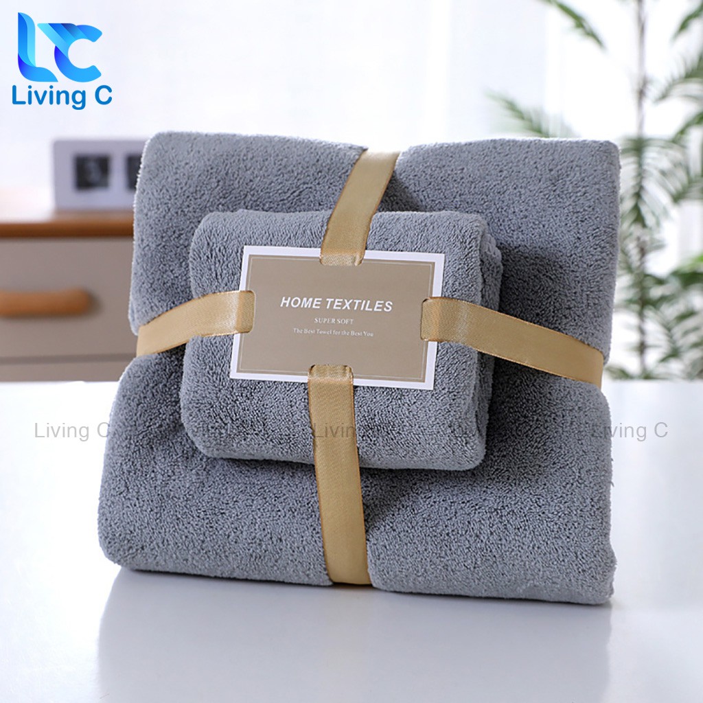 Bộ 2 khăn tắm lớn cao cấp Living C, khăn tắm lông cừu 70x140 và 35x75 lông mềm thấm hút tốt không rụng lông