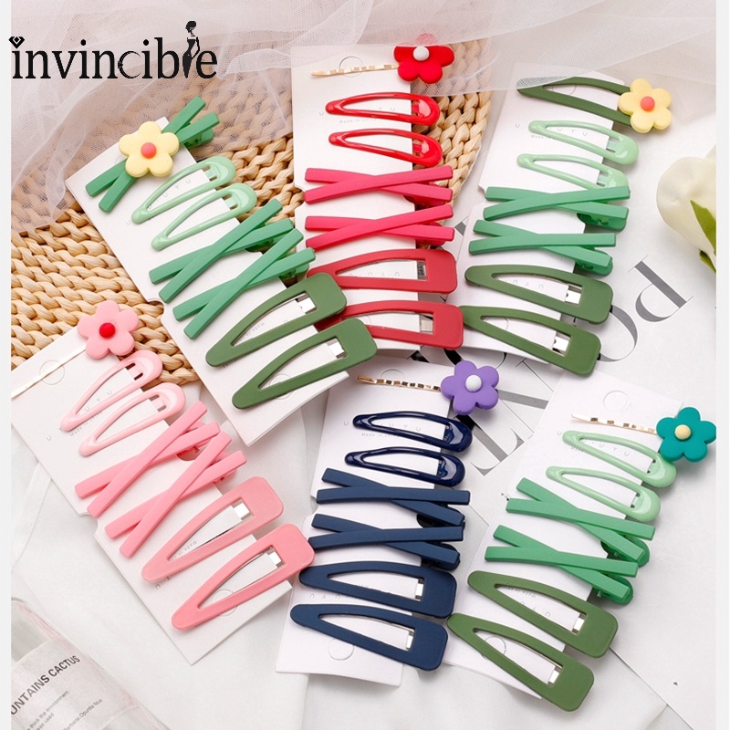 7 Pcs/ Set Candy Color Flower Hair Clip/ Simple Plastic Snap Hair Barrettes/ Lovely Girl Geometric Flower Hairpins