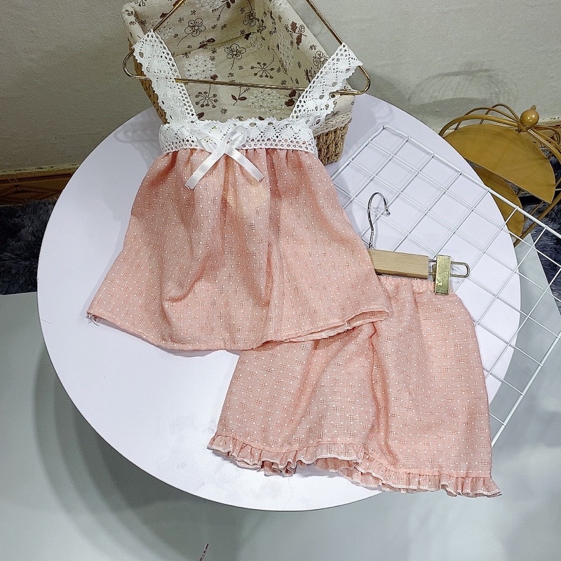Bộ đũi xô ren 2 dây nơ ngực cho bé gái 8-20kg