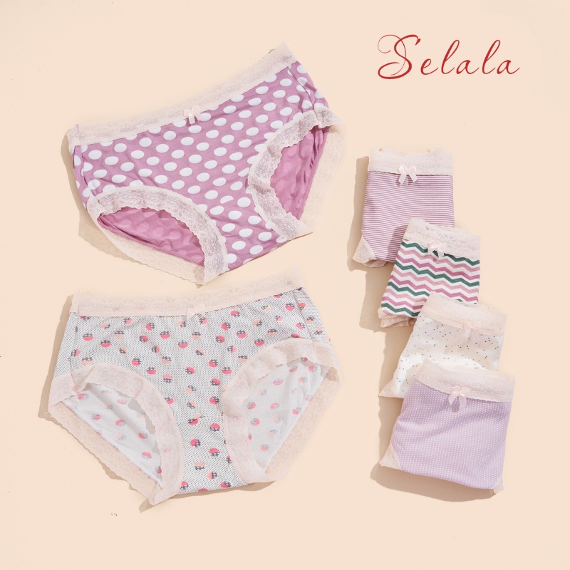 Quần Lót Nữ Cotton Selala Viền Ren Phối Nơ Họa Tiết Siêu Cute QC22