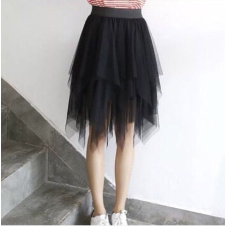 Chân Váy Xếp Ly voan đen trắng Chữ A Dáng ngắn Váy Thiết Kế Xẻ Quyến Rũ