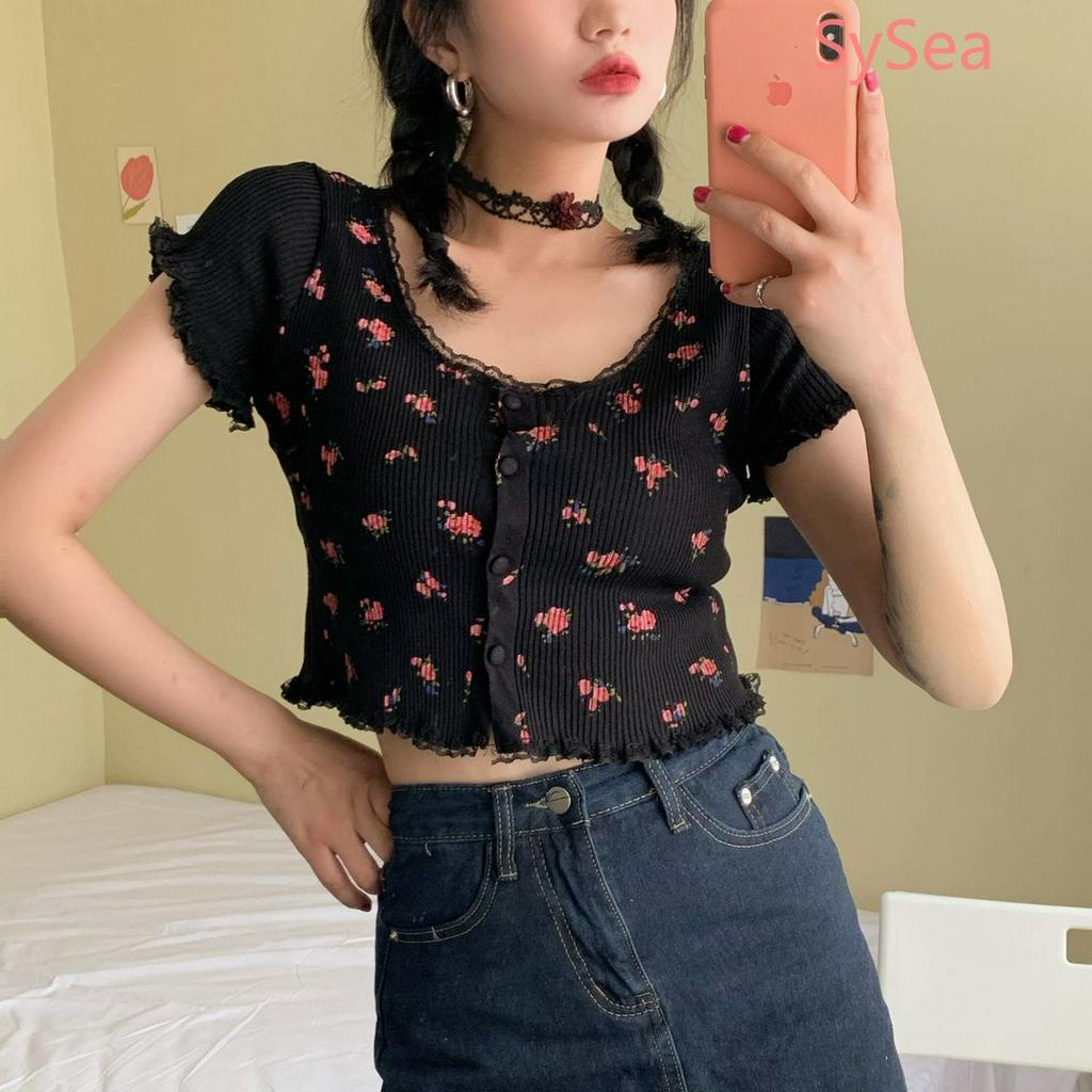 Áo croptop tay ngắn hoạ tiết hoa thời trang mùa hè