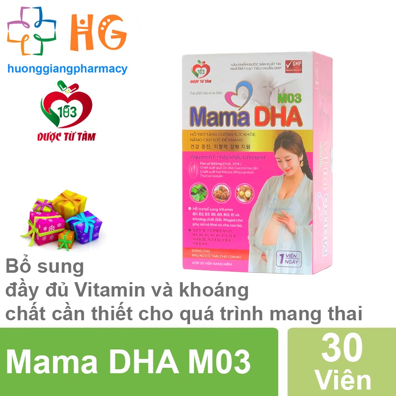 Vitamin tổng hợp cho bà bầu Mama DHA M03 bổ sung Canxi Sắt DHA D3 K2 cho mẹ bầu Hộp 30 Viên