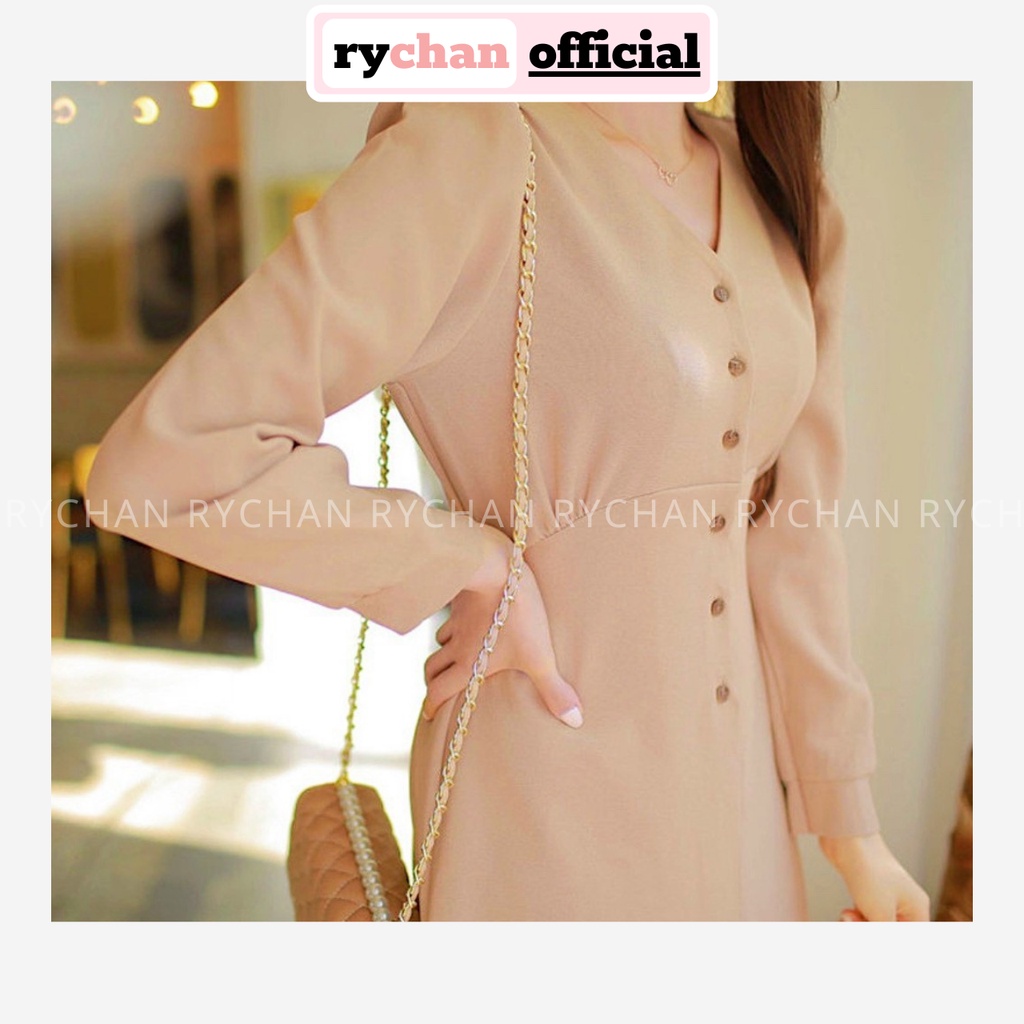 Đầm Xòe Midi Nude Cổ V Tay Dài Buộc Lưng  - DX9681