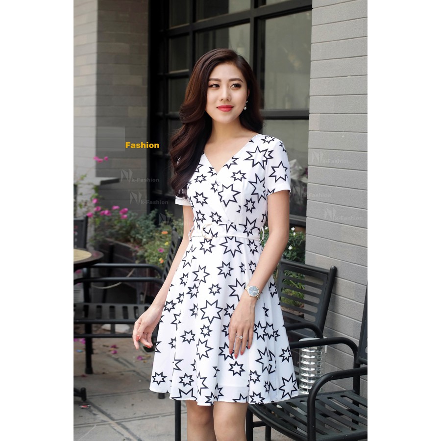 Đầm cổ liền thắt nơ họa tiết ngôi sao V85 | BigBuy360 - bigbuy360.vn