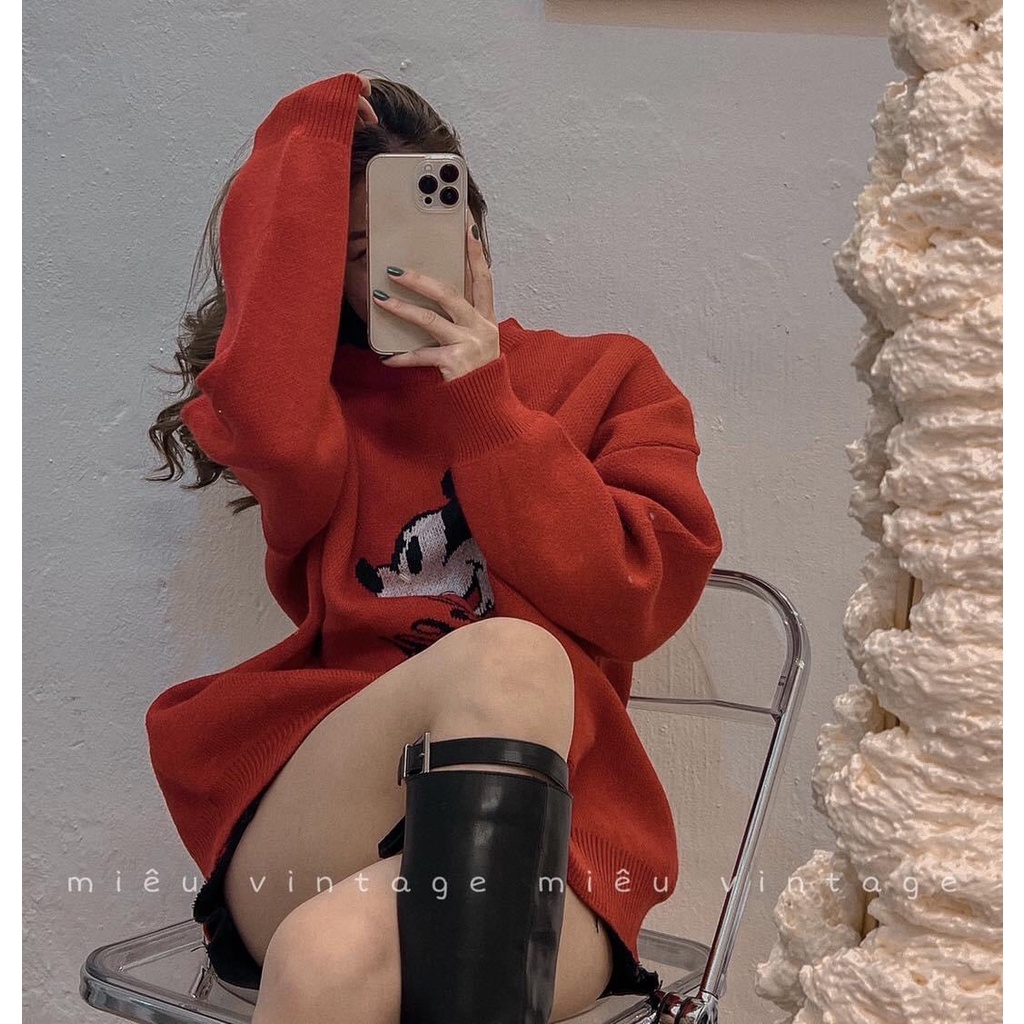 Áo Sweater chuột mickey đỏ cổ tròn form rộng dày dặn 00004 | BigBuy360 - bigbuy360.vn