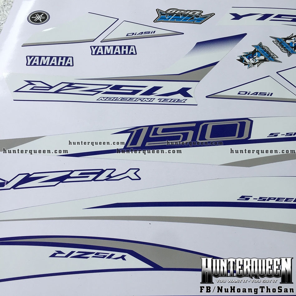 Tem rời dán xe Exciter 150 xanh GP. Decal cao cấp Y15ZR phối trắng bạc
