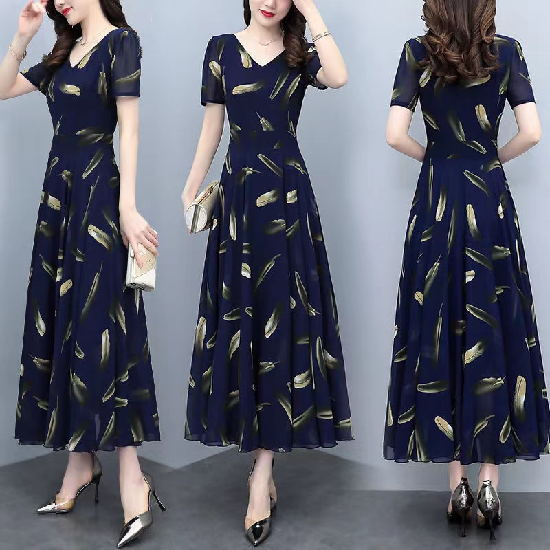 Đầm Voan Tay Ngắn Dáng Ôm In Họa Tiết Lông Vũ Màu Xanh Dương Đậm Thời Trang Mùa Hè Hàng Mới Dành Cho Bạn Nữ 2022