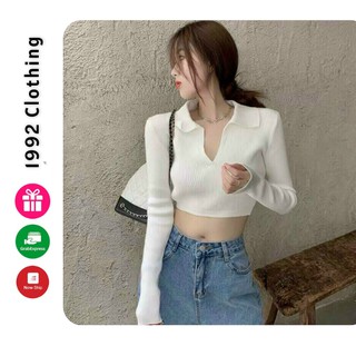 Áo Croptop Cổ V Tay Dài CT27 Chất Thun Gân Co Giản, Hàng Chuẩn Đẹp