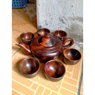 Bộ ấm chén gỗ trắc đỏ đen hàng già đanh
