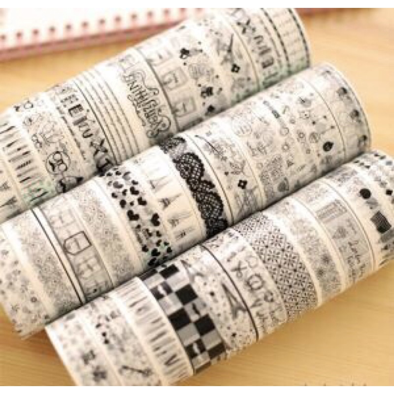Washi băng keo dán hoạ tiết trắng đen dài 10m