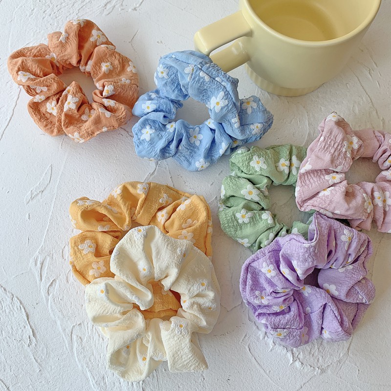 Giao ngẫu nhiên_Dây cột tóc Scrunchies họa tiết hoa cúc trắng dễ thương