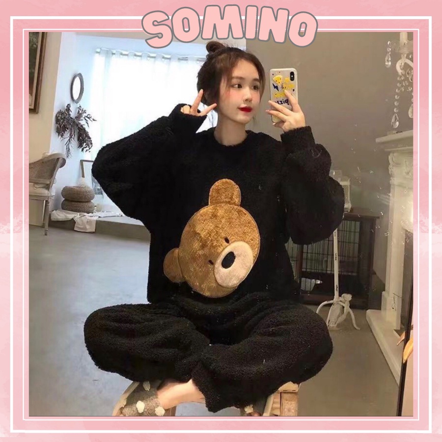 Bộ ngủ lông cute giữ nhiệt cực ấm, Bộ ngủ lông gấu mùa đông đáng yêu chất lông mềm nhẹ