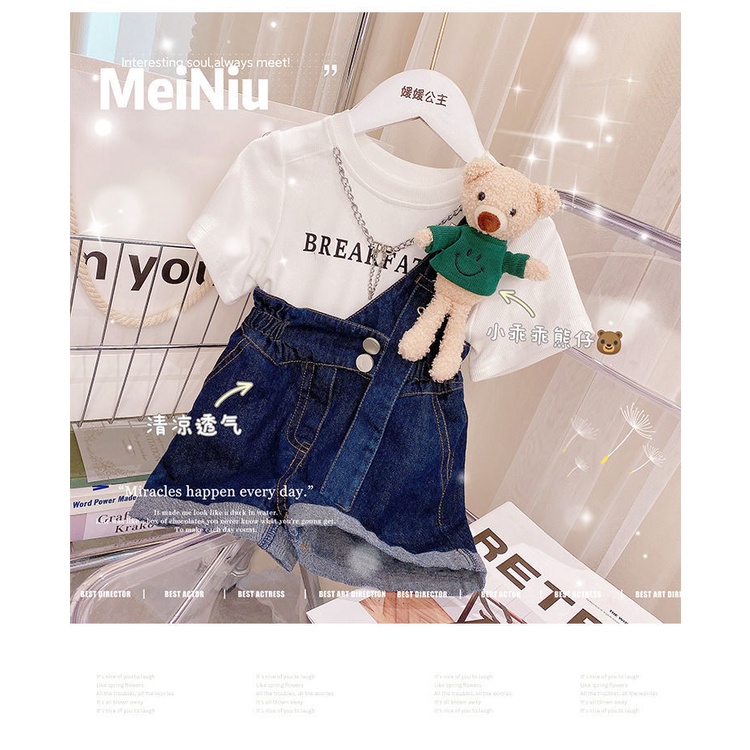 Set Áo Thun Ngắn Tay + Quần Yếm Denim 5 Món Thời Trang Mùa Hè Cho Bé Gái