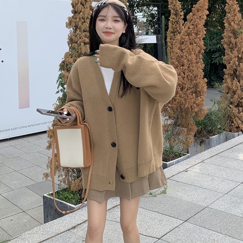 Áo cardigan SUXI dệt kim tay dài cổ chữ V màu sắc thanh lịch