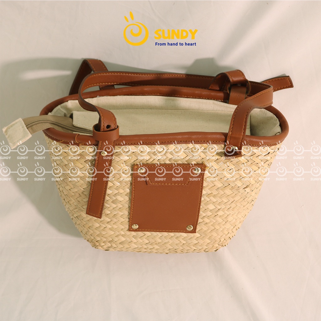 Túi Cói Quai Da SUNDY Chất Liệu Tự Nhiên, Thiết Kế Đơn Giản, Vintage Phù Hợp Đi Làm,Dã Ngoại, Chụp Ảnh-TC014N00