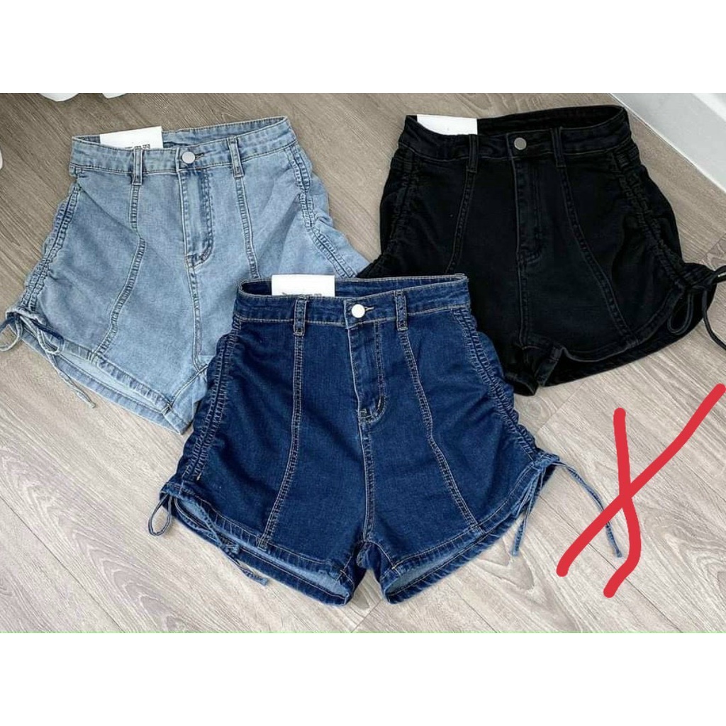 Quần shorts jean trơn kiểu rút dây 2 bên cực xinh , chất jean dày dặn ( ảnh thật )