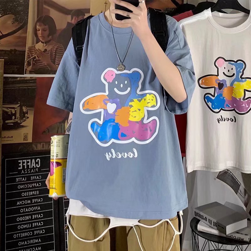 Áo Thun Tay Ngắn Dáng Rộng In Họa Tiết Hoạt Hình Chú Gấu Phong Cách Hip Hop Hàn Quốc Thời Trang Mùa Hè Cho Nam Và Nữ