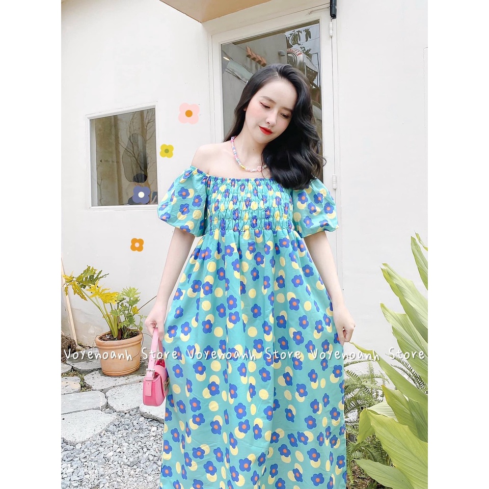 Váy Nữ Hoa Nhí Trể Vai Chun Ngực Dáng Maxi Siêu Xinh Siêu Đẹp Diện Lên Thì Chỉ Có Hết Nước Chấm Nha Chị Em(Hình Thật)