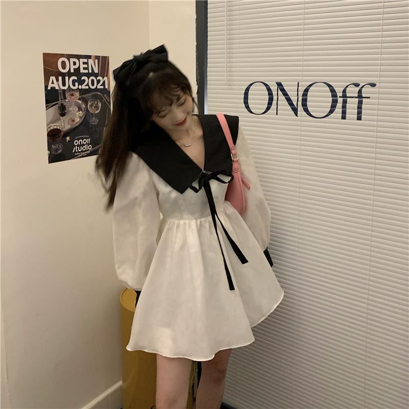 Đầm IELGY thắt nơ eo màu tương phản thời trang