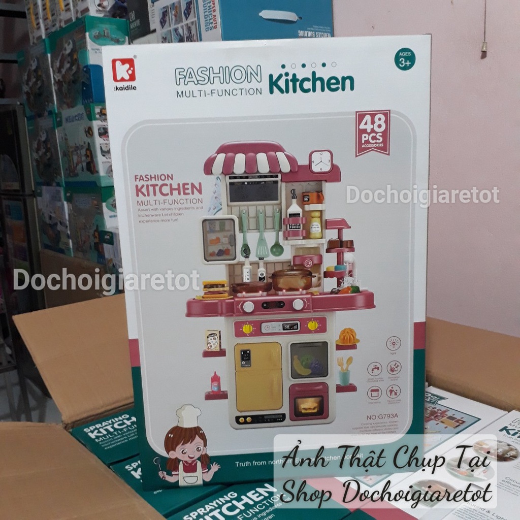 Đồ chơi quầy bếp cỡ lớn 72cm 48pcs có hiệu ứng phun khói, tia lửa, nước chảy tặng kèm pin dây đèn trang trí cho bé