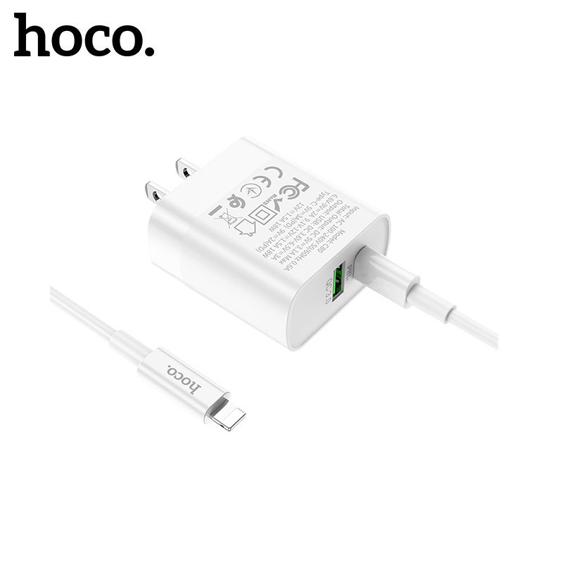 Bộ sạc nhanh PD20W hoco. C80 chân dẹt cổng USB+Type-C , QC 3.0 kèm cáp sạc dài 1M