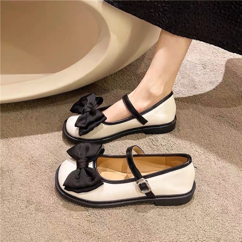 giày búp bê thắt nơ lolita phối viên mẫu mới chất da mềm êm chân mã 1020