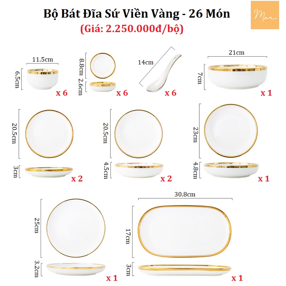 Bộ bát đĩa sứ viền vàng cao cấp - 26 món