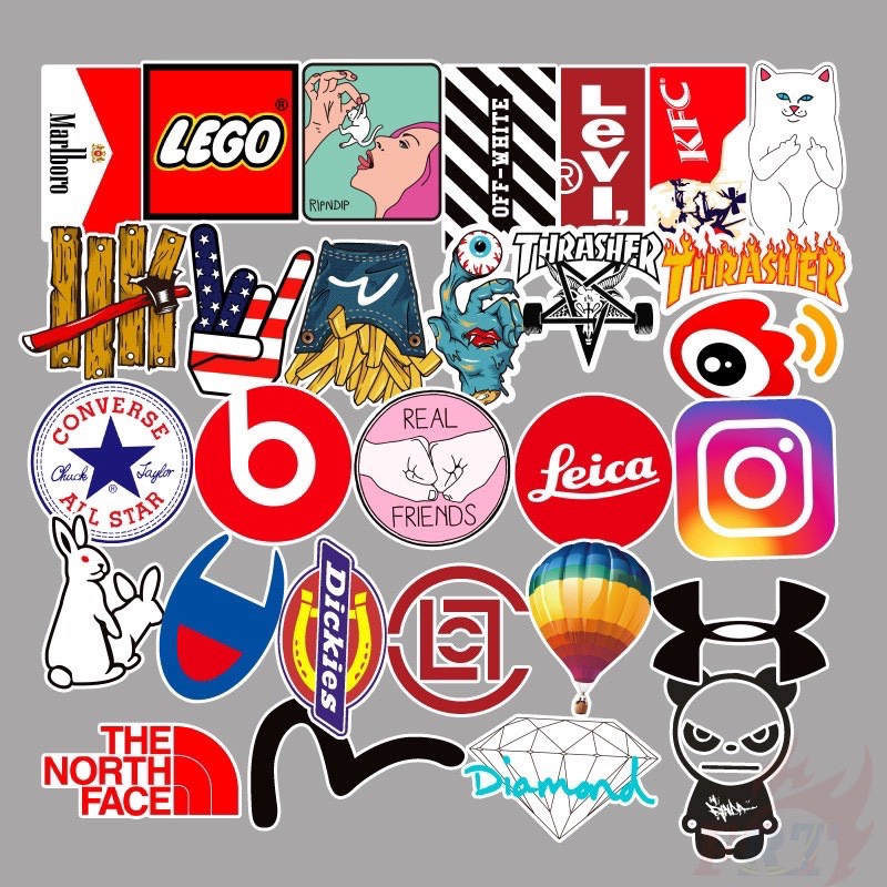 Bộ 100 sticker brand tổng hợp siêu chất dùng để trang trí điện thoại di động / ván trượt / vali không để lại dấu keo