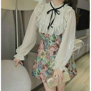 Đầm gấm hoa cổ bèo nơ