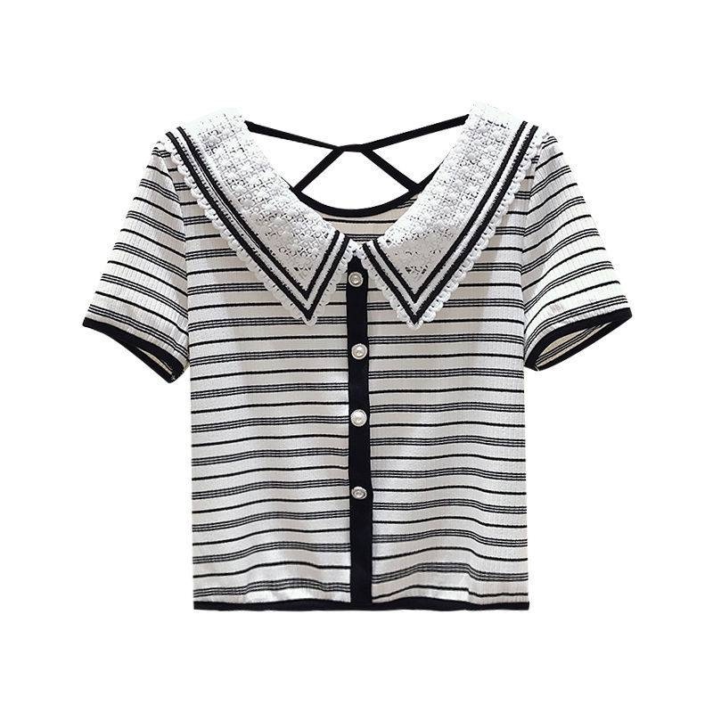 Black and white striped short-sleeved t-shirt women's lace doll collar slim slim cropped top