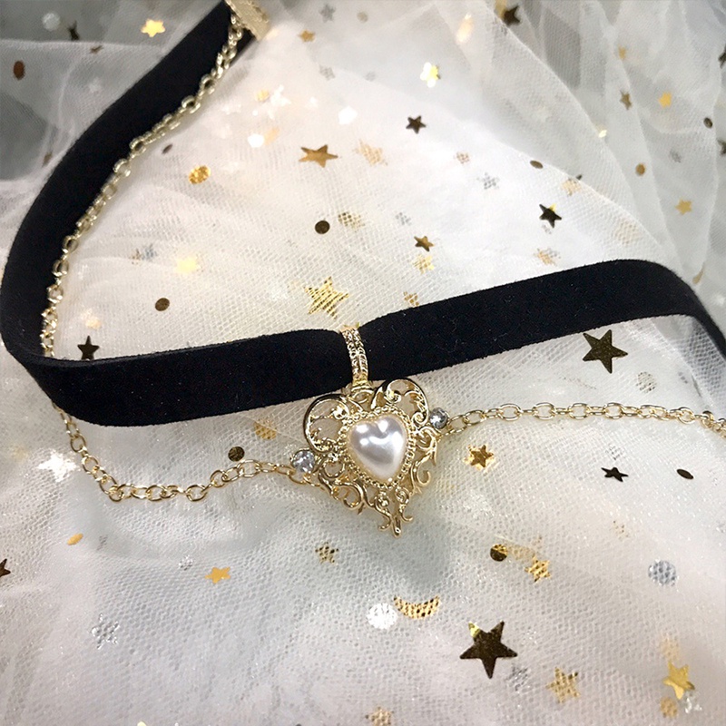 Vòng cổ choker hai lớp mặt dây hình trái tim màu đen chất liệu nhung phong cách cổ điển thời trang cho nữ
