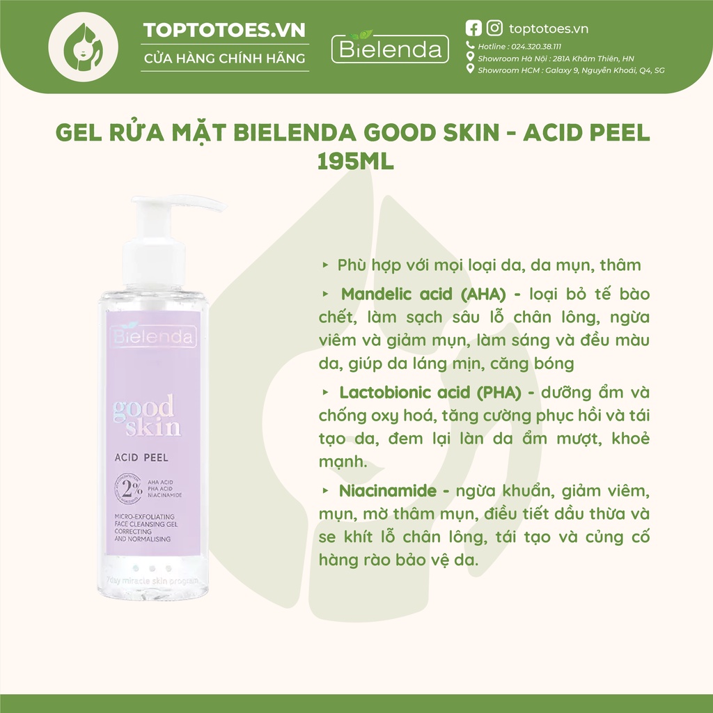 Gel rửa mặt Bielenda Good Skin - Acid Peel làm sạch sâu, ngừa mụn, mờ thâm 195ml