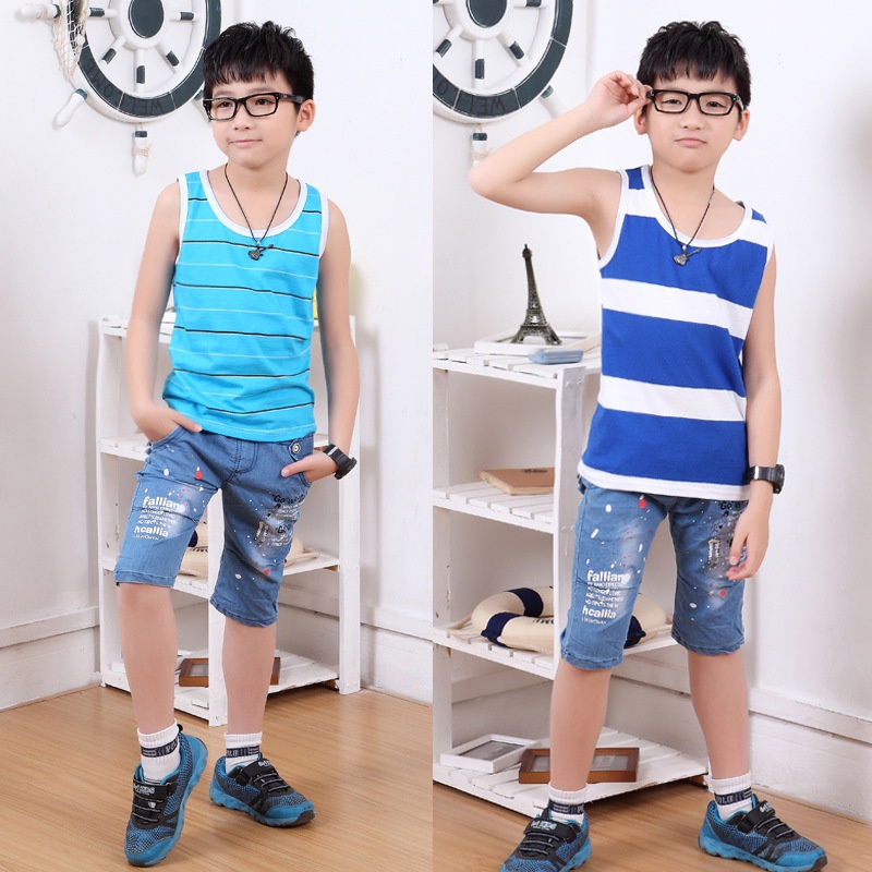 Áo thun sát nách cổ tròn họa tiết kẻ sọc thời trang mùa hè cho bé trai
