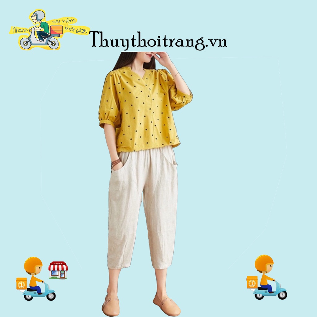 Siêu phẩm hè, mẫu bộ nữ quần lửng áo tay lỡ chấm bi