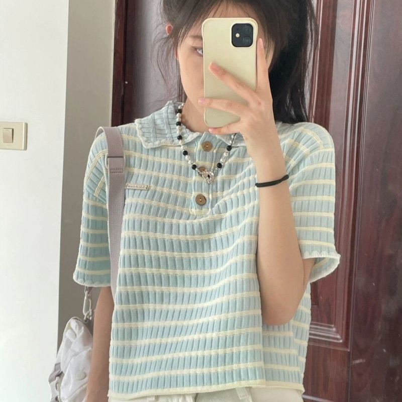 Áo kiểu polo NZN dệt kim tay ngắn dáng rộng họa tiết kẻ sọc thời trang mùa hè đơn giản dành cho nữ