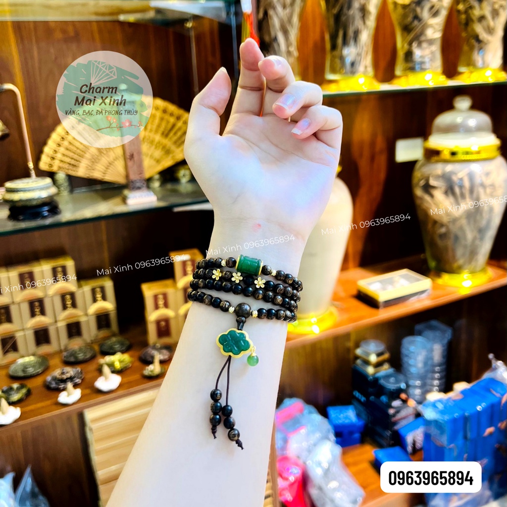 Chuỗi Trầm Hương Sánh Chìm 108 hạt phối Lu Ngoc Bọc Bac + Cát Tường Ngoc Bích Bọc Bac và Hoa Mai Nhí - Vòng Gỗ Tự Nhiên
