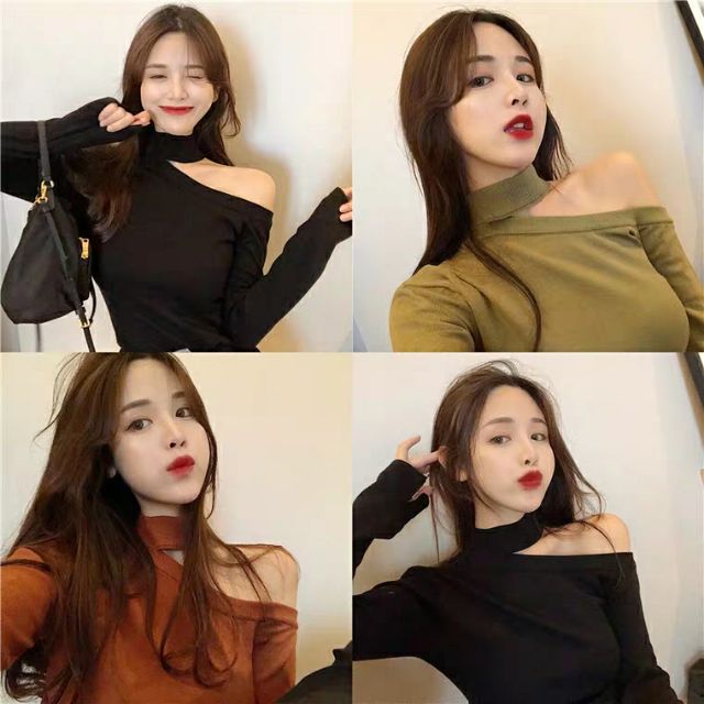 Áo len tăm dài tay kiểu xẻ lệch vai chocker hot girl thu đông